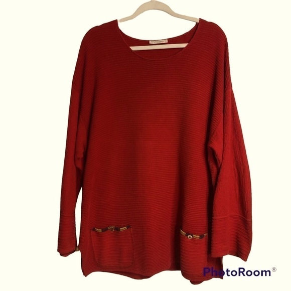 𝅺Margaret Winters 100% Cotton Knit Red Two Front Pocket Tunic Sweater 1X - Picture 1 of 9